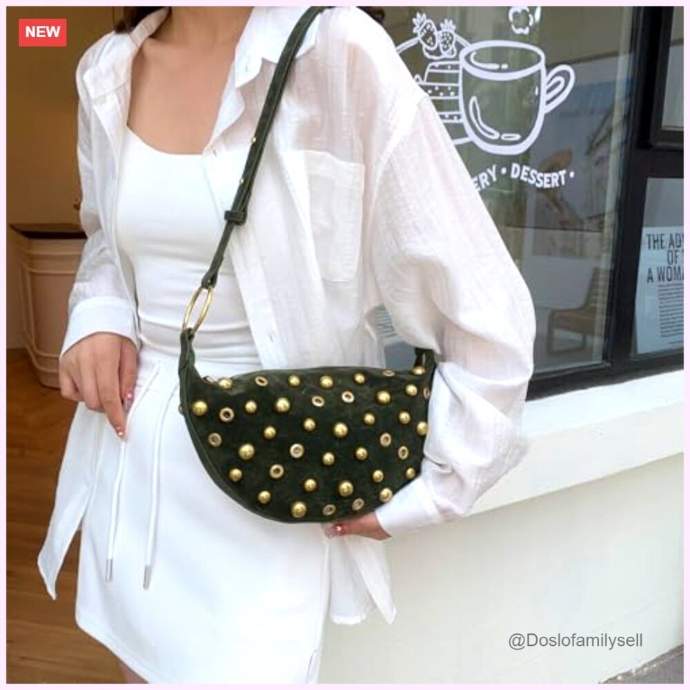 Studded Hobo Bag Faux Suede Y2K Trendy Shoulder Crossbody Purse Adjustable Strap - Picture 3 of 7
